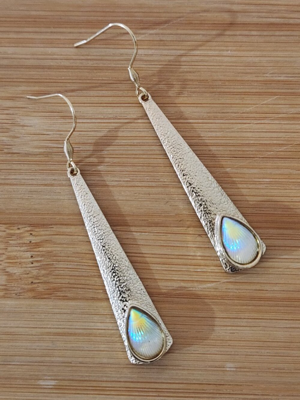 Hand Crafted Iridescent Gold Teardrop Long Dangle Earrings - Picture 1 of 5